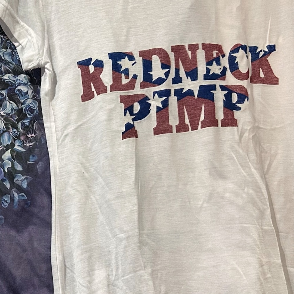 White Graphic Tee with Red and Blue Print- Redneck P1mp Crop Top